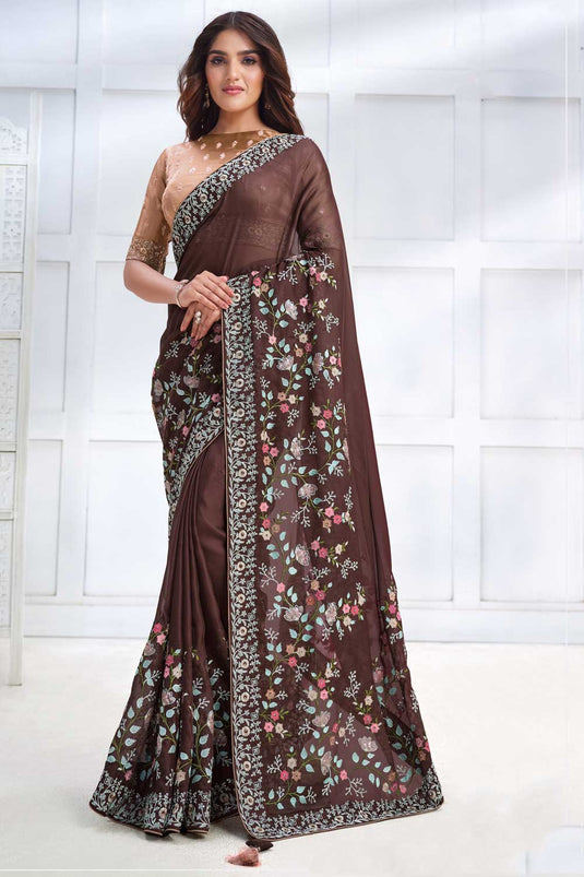 Brown Color Glorious Party Style Georgette Silk Saree