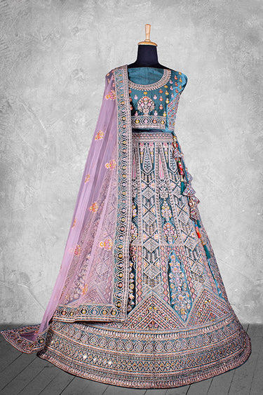 Teal Embroidered Velvet Fabric Bridal Lehenga Choli