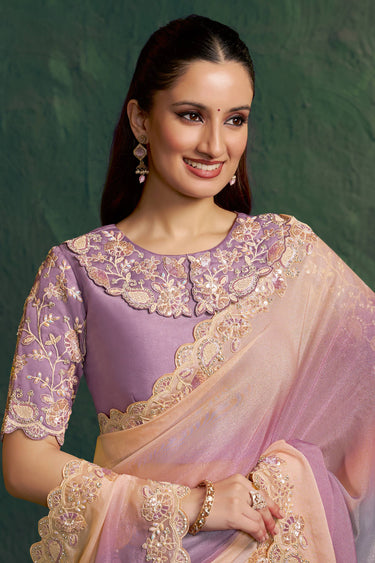Embroidered Border Work Georgette Lavender Readymade Saree For Wedding Wear