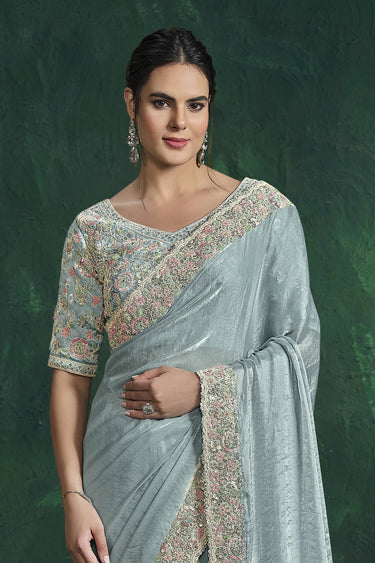 Satin Silk Embroidered Border Work Sea Green Saree For Wedding Wear