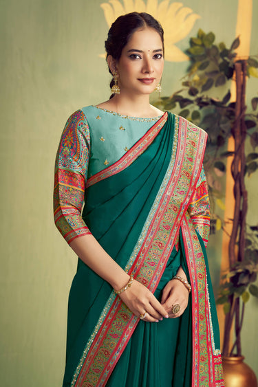 Banarasi Fabric Border Work Dark Green Saree Foe Wedding Wear