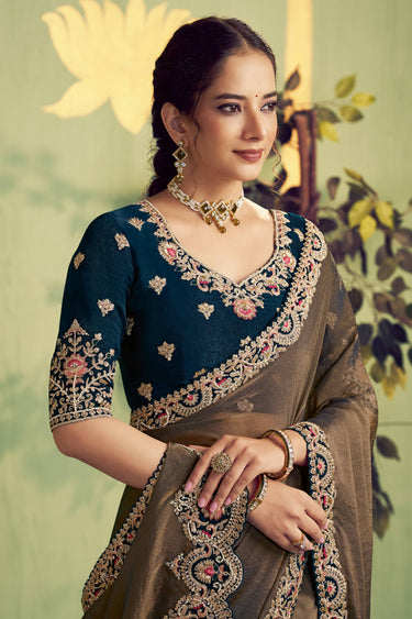 Organza Satin Border Work Teal Wedding Wear Saree