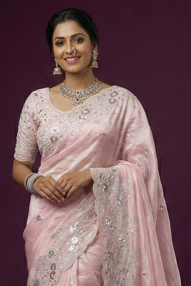 Net Fabric Embroidered Pink Saree For Wedding Wear