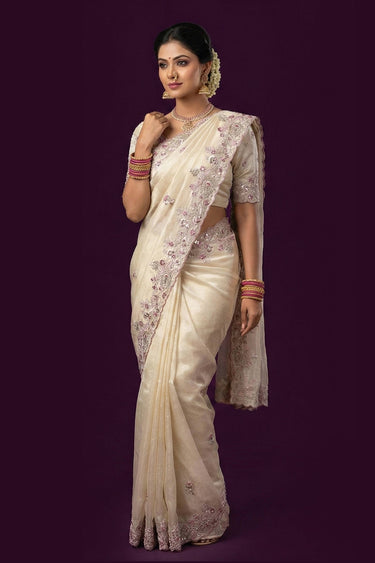 Beige Sangeet Wear Tissue Silk Embroidered Saree