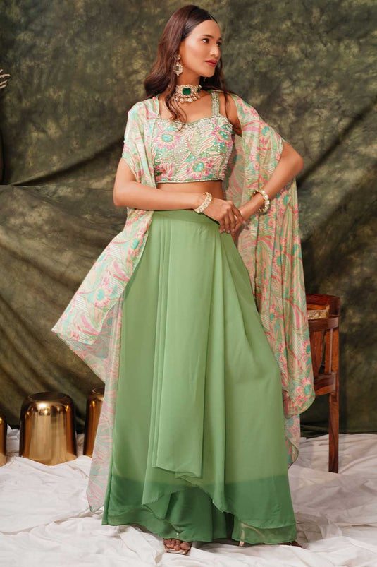 Green Color Georgette Handwork Top with Skirt & Shrug