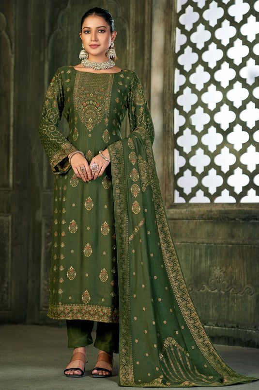 Green Color Pashmina Fabric Festive Wear Classic Salwar Suit