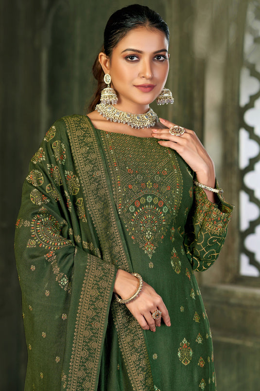 Green Color Pashmina Fabric Festive Wear Classic Salwar Suit