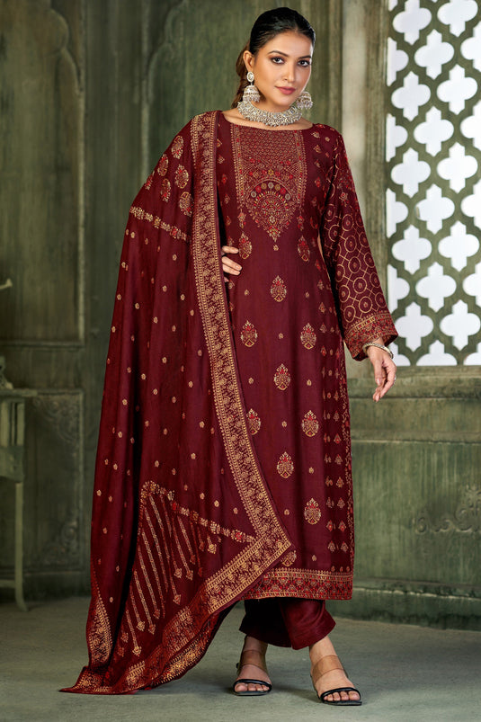 Maroon Color Pashmina Fabric Festive Wear Vintage Salwar Suit