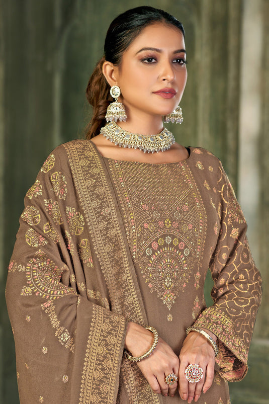Pashmina Fabric Festive Wear Lovely Salwar Suit In Beige Color