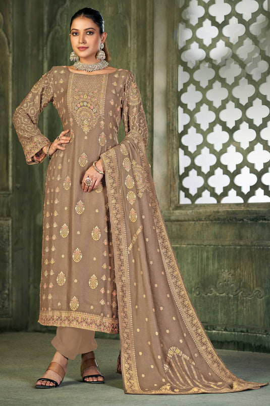 Pashmina Fabric Festive Wear Lovely Salwar Suit In Beige Color