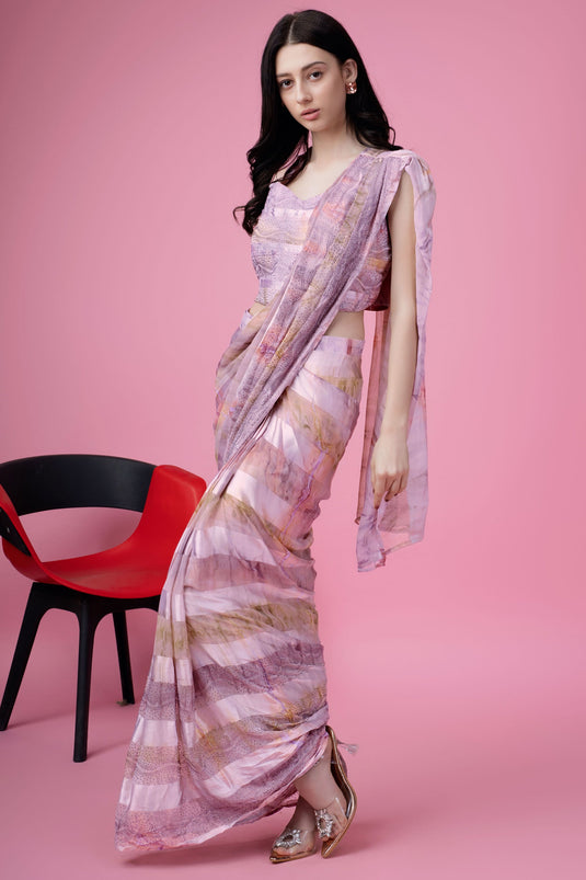 Purple Color Brilliant Satin Silk Fabric Ready To Wear Saree