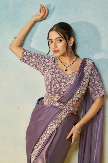 Lavender Wedding Wear Satin Silk Border Work Readymade Saree