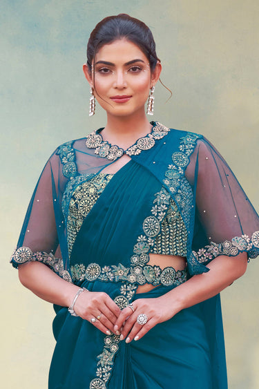 Teal Satin Silk Border Work Readymade Saree For Wedding Wear
