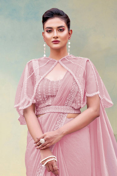 Pink Wedding Wear Satin Silk Border Work Readymade Saree