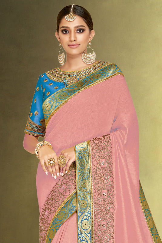 Charming Pink Color Satin Silk Fabric Saree In Function Wear