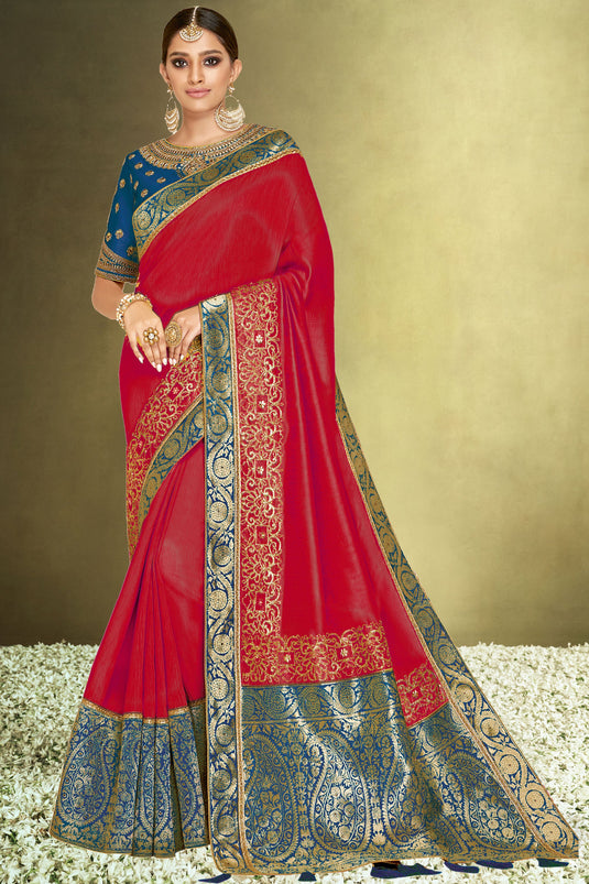 Mesmeric Red Color Function Wear Saree In Satin Silk Fabric