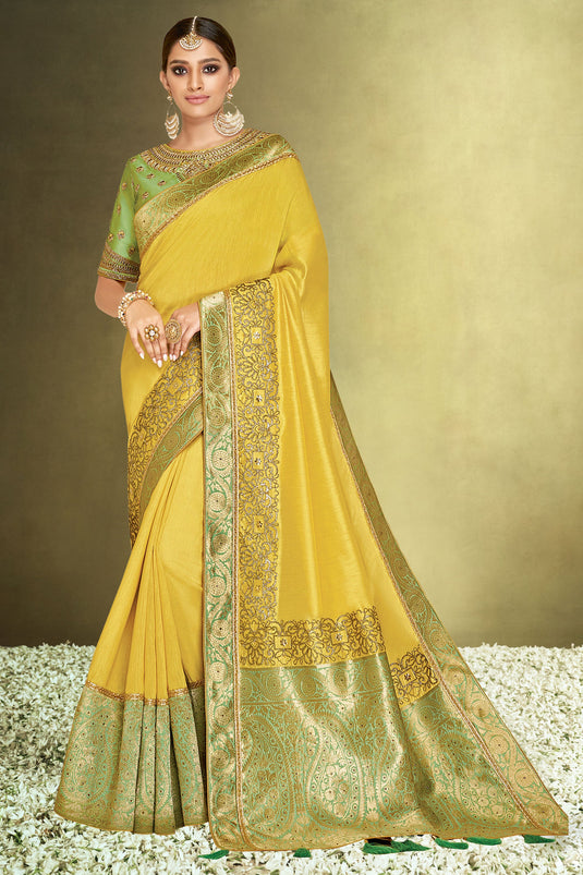 Entrancing Satin Silk Fabric Yellow Color Saree In Function Wear