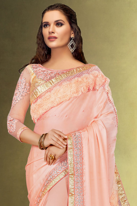 Tempting Satin Fabric Pink Color Saree In Function Wear