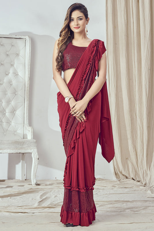 Red Color Sequins Designs Ruffle Saree In Lycra