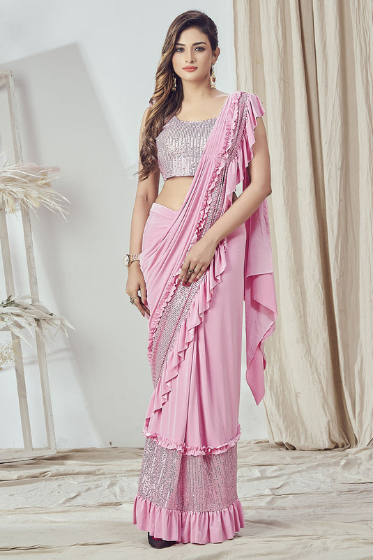 Pink Color Ruffle Pre-Stitched Saree In Lycra
