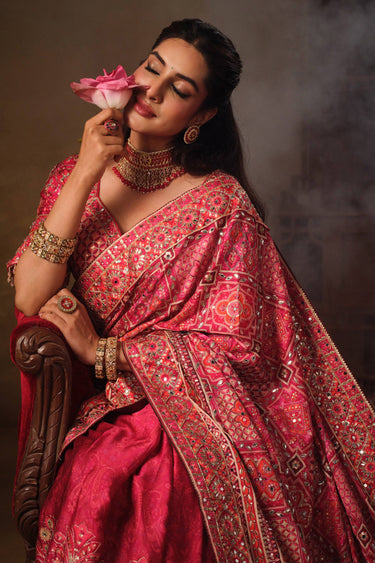 Elegant Natural Crepe Pink Aari Handwork Saree
