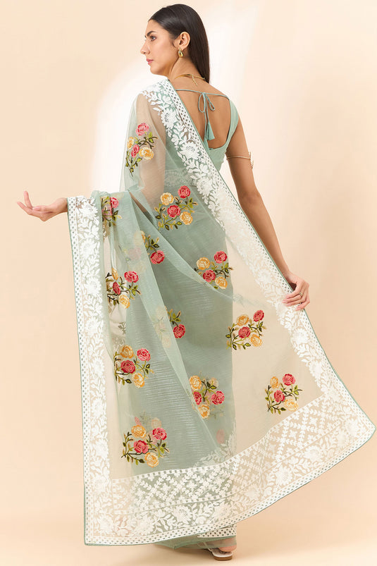 Sea Green Color Exquisite Embroidered Saree In Organza Fabric