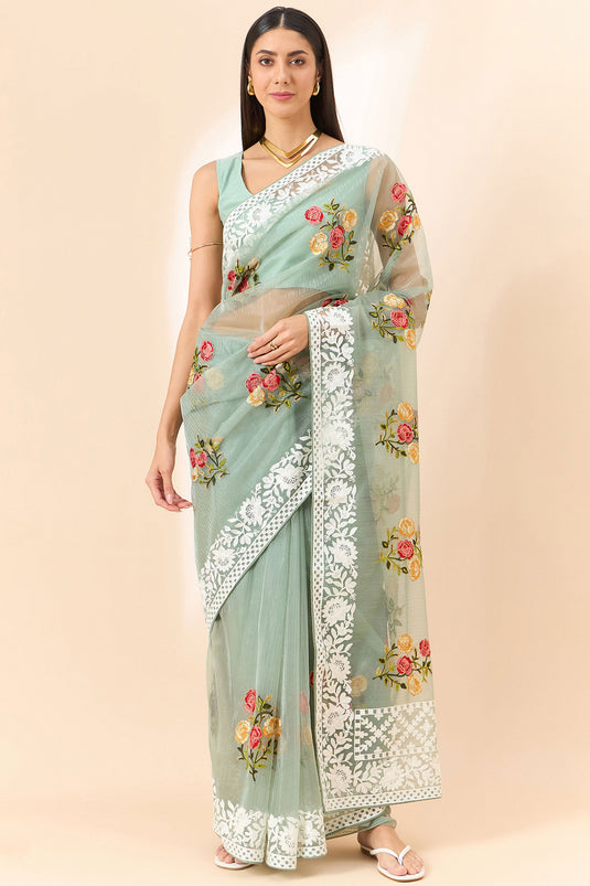 Sea Green Color Exquisite Embroidered Saree In Organza Fabric