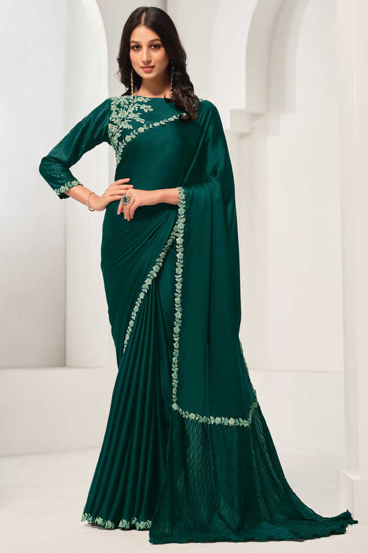 Creative Green Color Crepe Satin Silk Fabric Saree