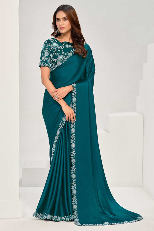 Teal Color Crepe Satin Silk Fabric Stunning Saree