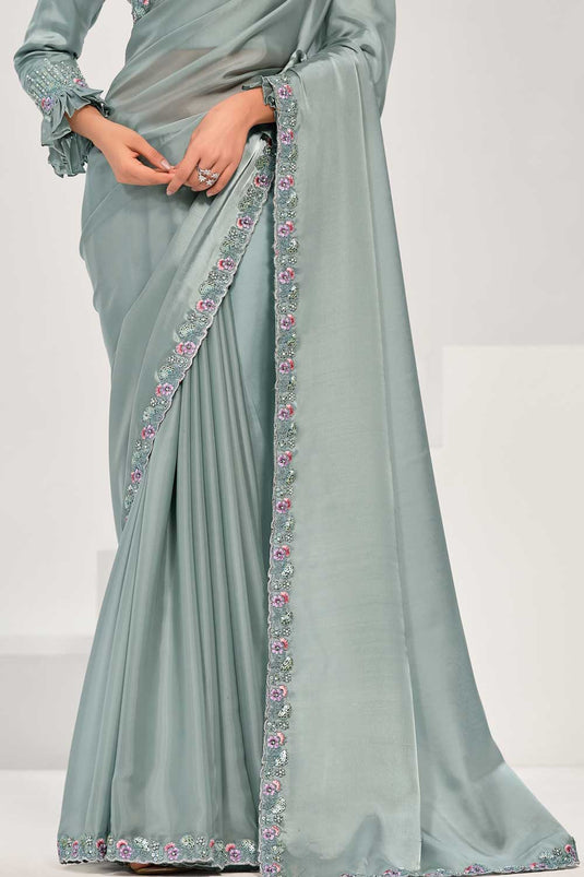 Delicate Crepe Satin Silk Fabric Sea Green Color Saree