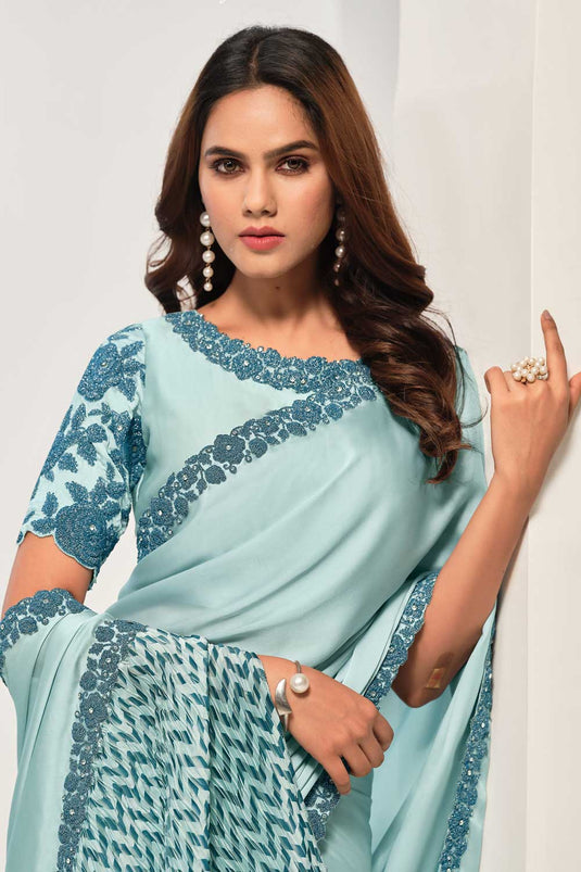 Amazing Light Cyan Color Crepe Satin Silk Fabric Saree