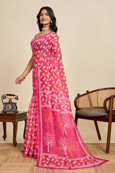 Digital Printed Linen Pink Saree For Casual Wear