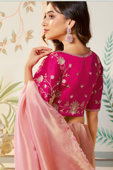 Pink Color Border Work On Organza Fabric Beatific Saree