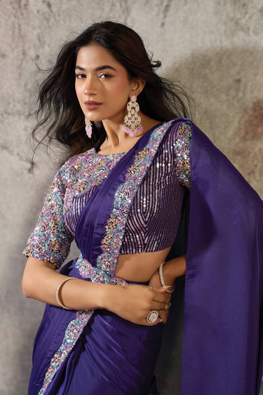 Embroidered Border Work Satin Purple Readymade Saree For Function Wear