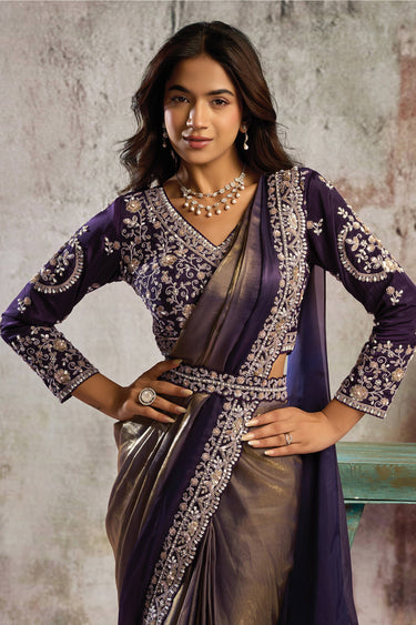 Purple Function Wear Satin Embroidered Border Work Readymade Saree