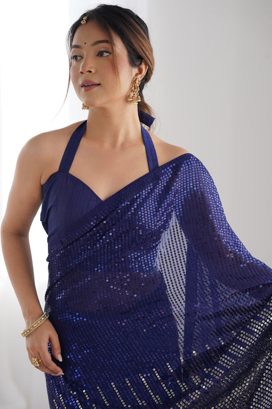 Blue Traditional Sequins Work Saree