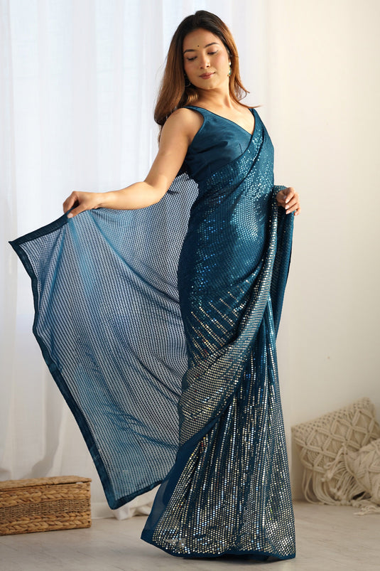 Georgette Teal Sequins Work Saree