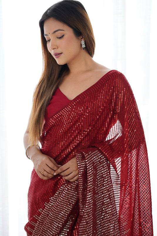 Red Sequins Work Tradition Saree