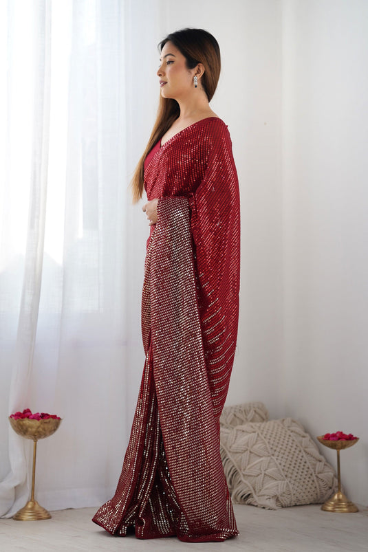 Red Sequins Work Tradition Saree