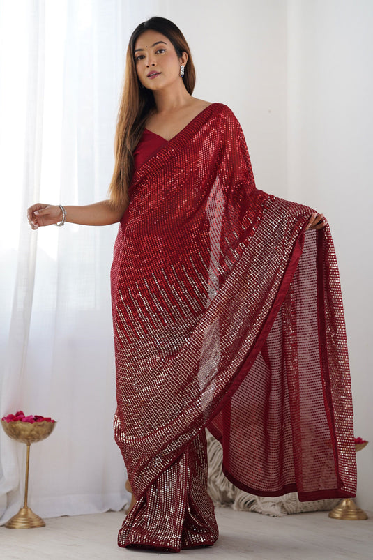 Red Sequins Work Tradition Saree