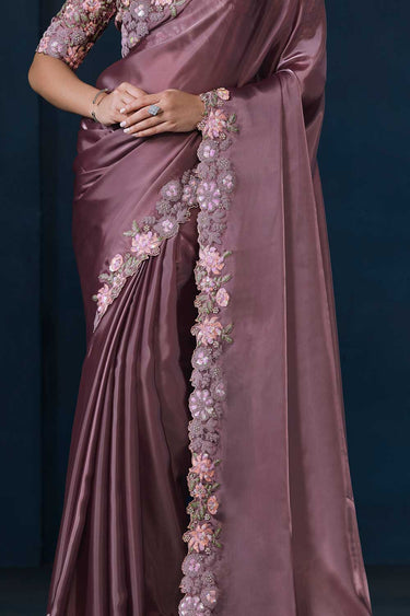 Lavendar Crepe Satin Silk Sequins Pure Handwork Saree With Unstitched Blouse
