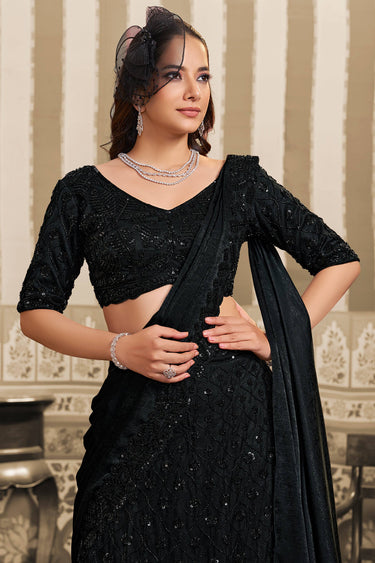 Black Wedding Wear Satin Sequins Work Ready To Wear Lehenga Saree