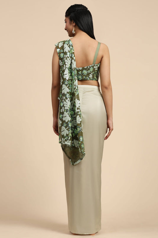 Organza Silk Fabric Green Color Riveting Ready To Wear Saree