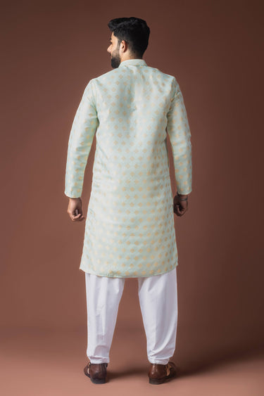 Light Cyan Wedding Wear Weaving Work Jacquard Fabric Readymade Kurta For Men