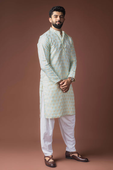 Light Cyan Wedding Wear Weaving Work Jacquard Fabric Readymade Kurta For Men