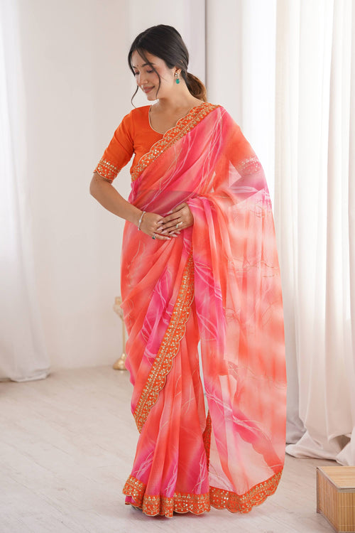 Orange Party Wear Georgette Chiffon Border Work Saree