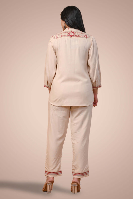 Exclusive Beige Color Cotton Fabric Embroidered Relaxed Sleeves Readymade Co Ord Set