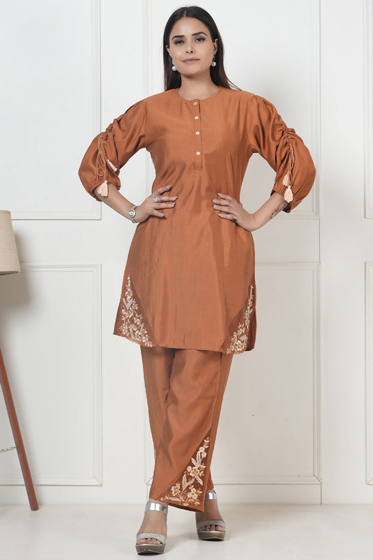 Exclusive Rust Orange Embroidered Tunic With Straight Pant