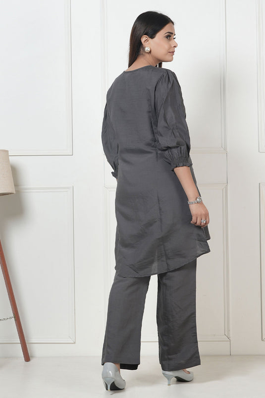 Exclusive Dark Grey Embroidered Viscose Tunic With Pant