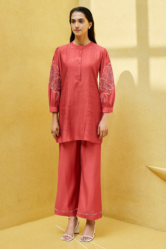 Exclusive Red Floral Embroidery Tunic With Trouser